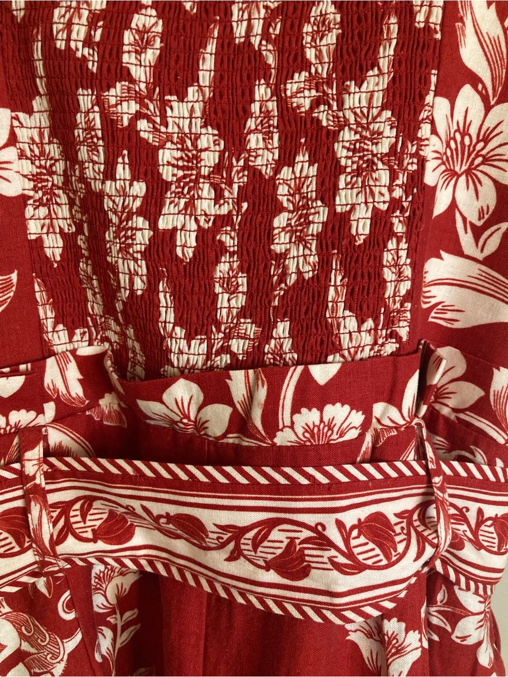 NEW FARM Rio Red Guanacaste Belted Euroflax™ Romper Tropical Floral Linen Size L - Picture 12 of 15